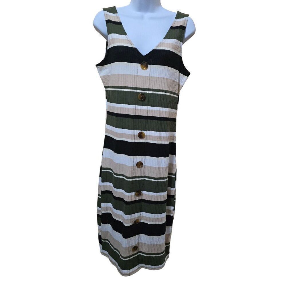Green/Black/White Striped Button Down Sleeveless Dress Boho color Block bodycon